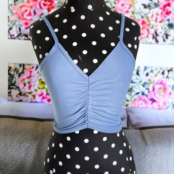 Full Tilt Tops - SOLD - Full Tilt Women Tank S Blue Ribbed Knit Ruched Gathered Cropped Spaghetti